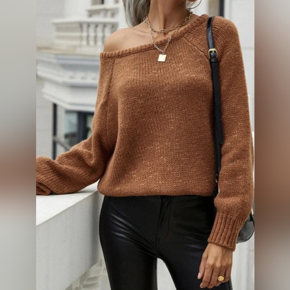 Off Shoulder Light Brown Oversized Pullover Loose Fit Sweater- Size M NWOT